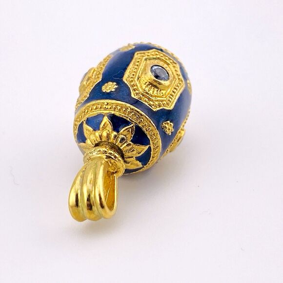 Enamel Easter Egg Pendant Vintage Rich Gold Plate Blue Topaz Crystal Swivel Bail - Picture 4 of 7